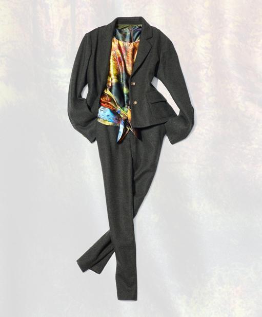 Harvey Faircloth olive short blazer, $495. Harvey Faircloth wood lands sleeveless wrap top, $345. Harvey Faircloth olive EZ pant, $295.